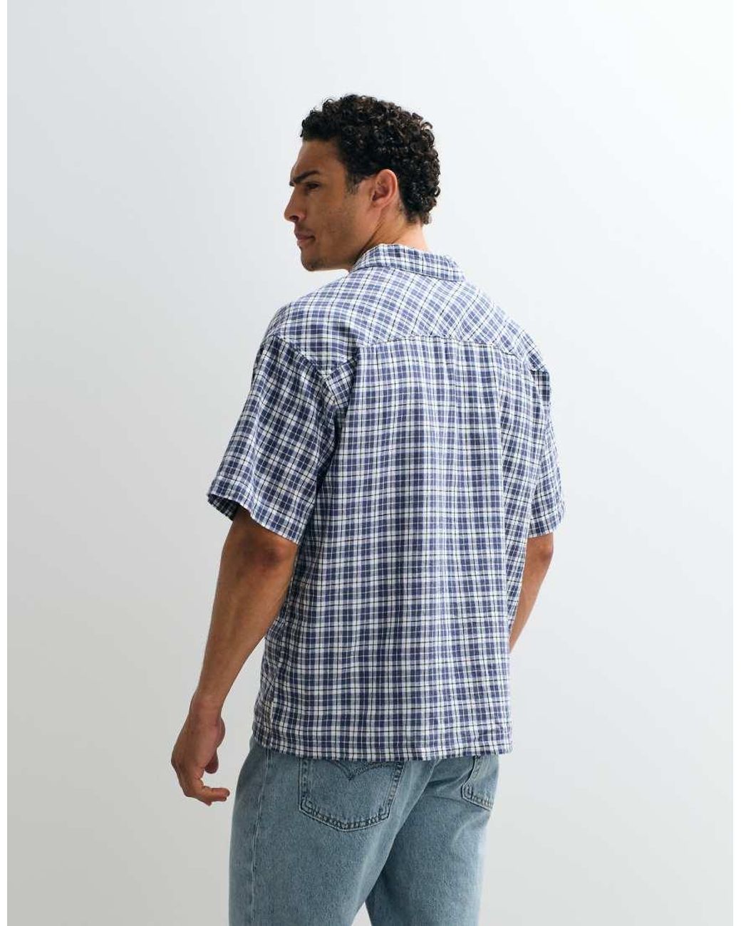 Jack & Jones Blue Linen Blend Cropped Short Sleeve Check Shirt for men