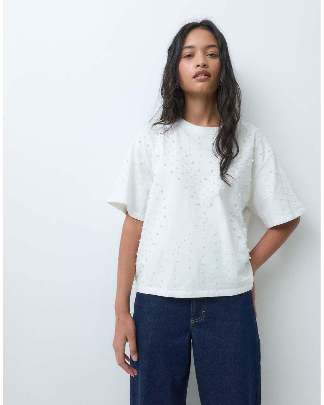 ASOS White Oversized T-shirt With Pearl Embellishment