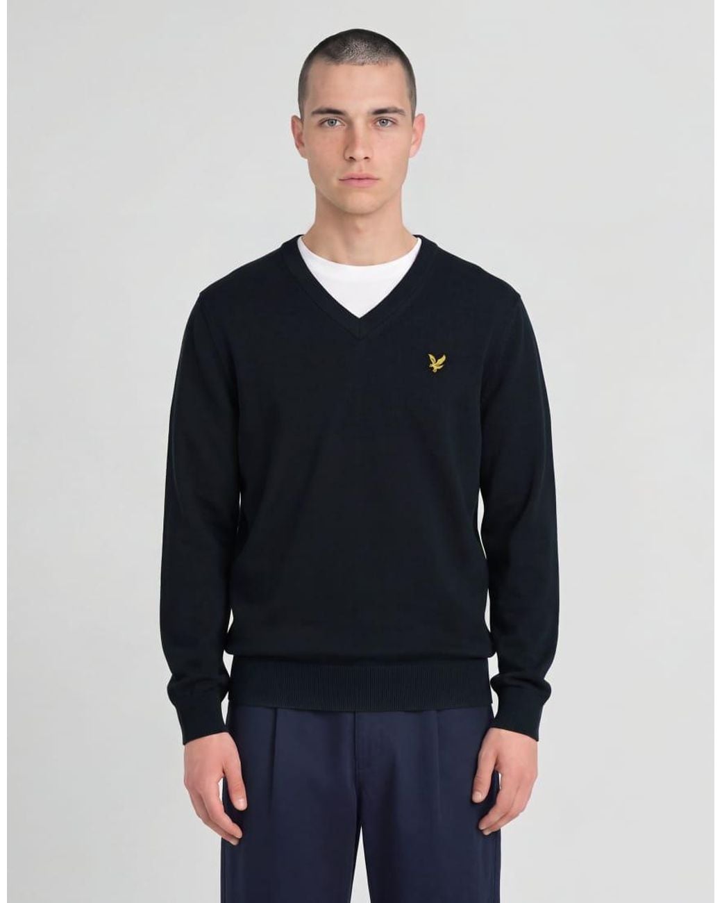 Lyle & Scott Blue Mid Knits Knitted V-Neck Jumper for men