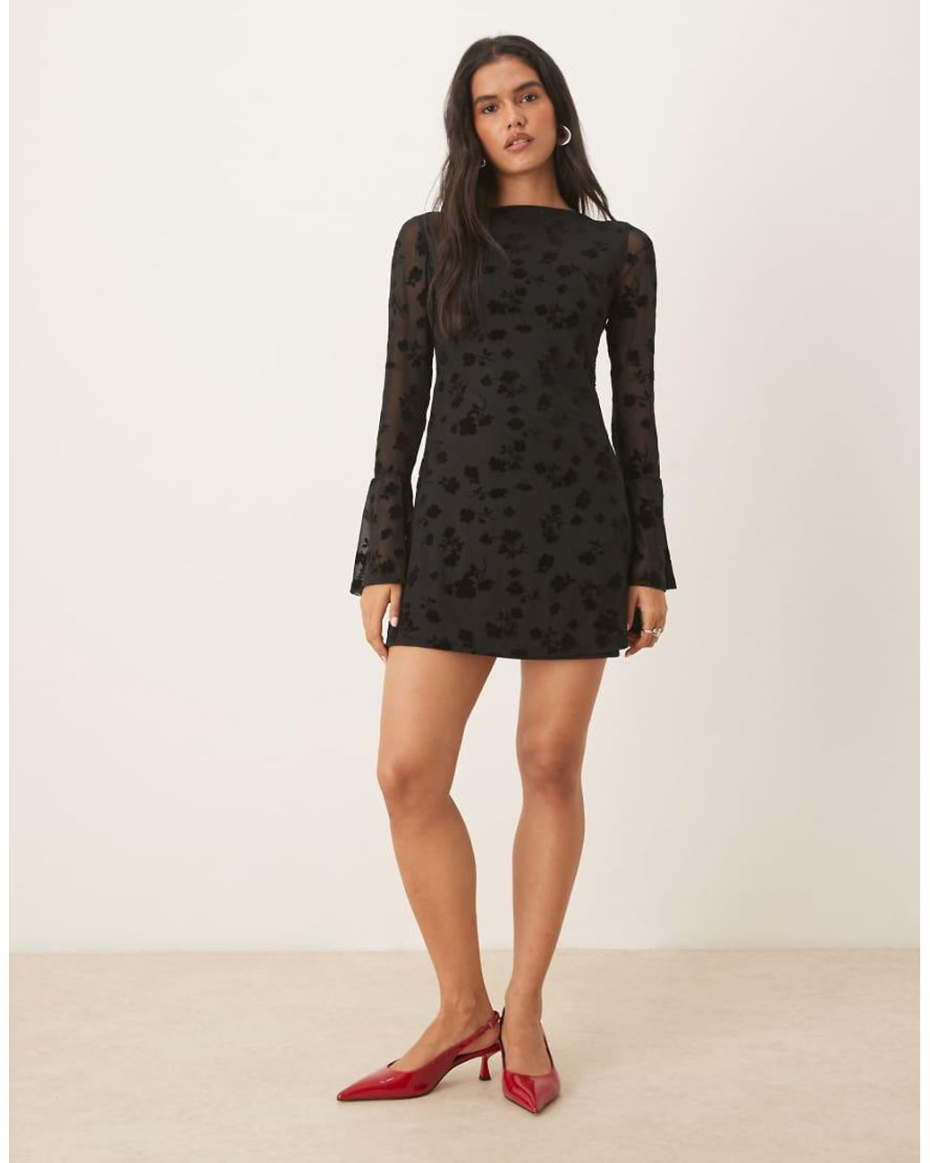 ASOS Black Flocked Floral Mini Dress With Flute Sleeve