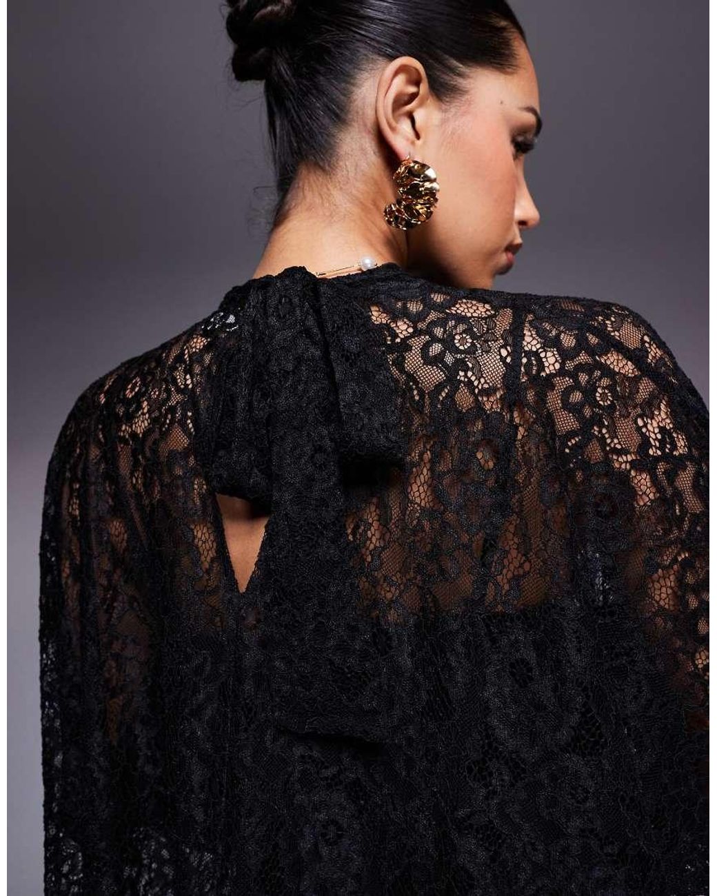 ASOS Black Twist Neck Tie Blouson Sleeve Mini Lace Dress