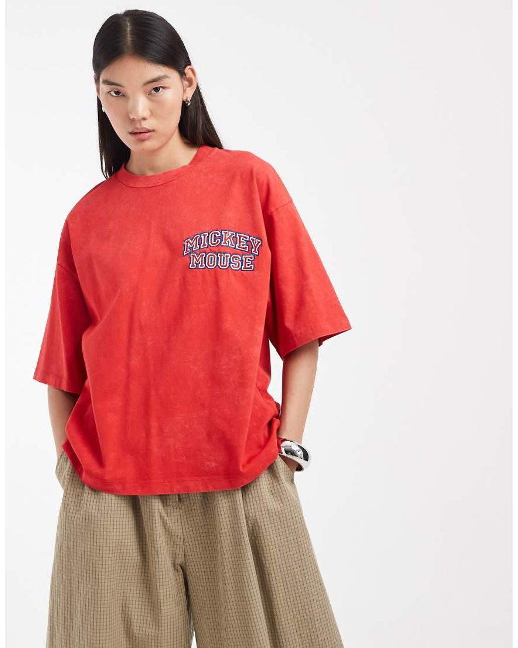 ASOS Red Disney Oversized Washed T-Shirt With Mickey Mouse Varsity Print