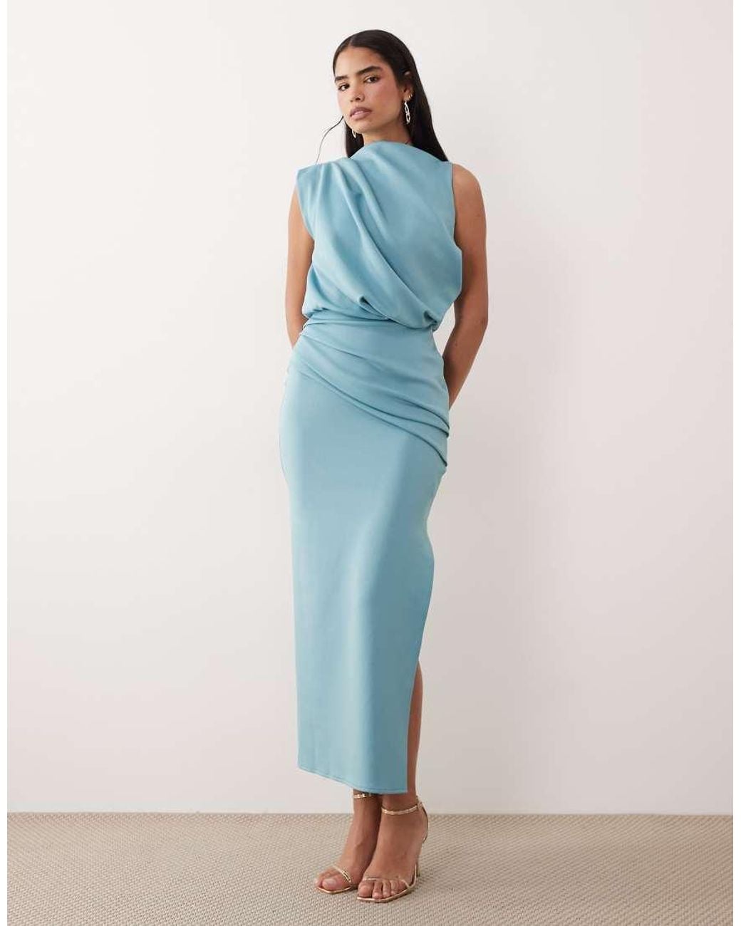 ASOS Blue Draped Structured Midi Dress With Split