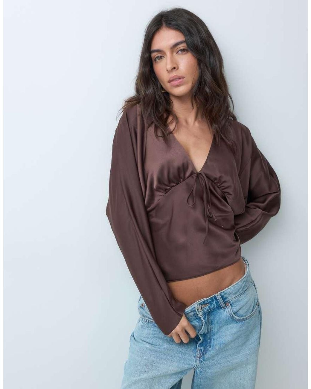 Miss Selfridge Blue Satin Long Sleeve Batwing Top