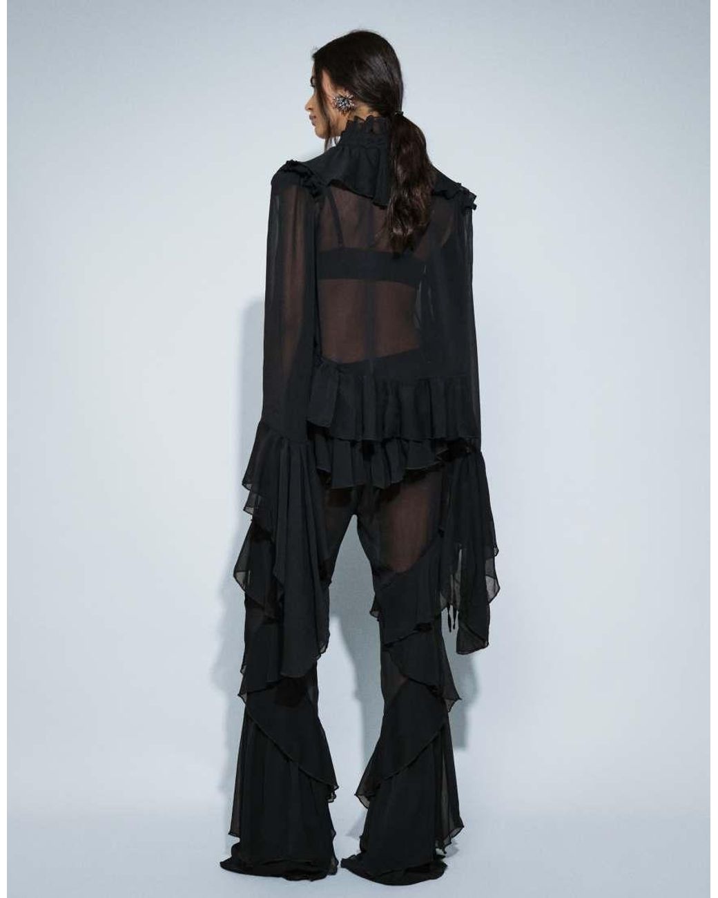 Noughts & Kisses Black Chiffon Extreme Ruffle Detail Wide Leg Pants