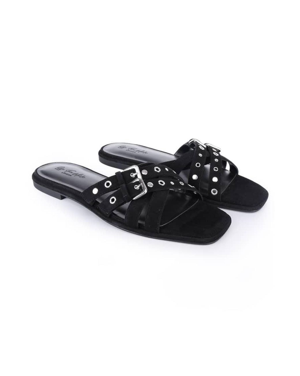OFF THE HOOK Black Isla Suede Leather Eyelet Strappy Flat Sandals