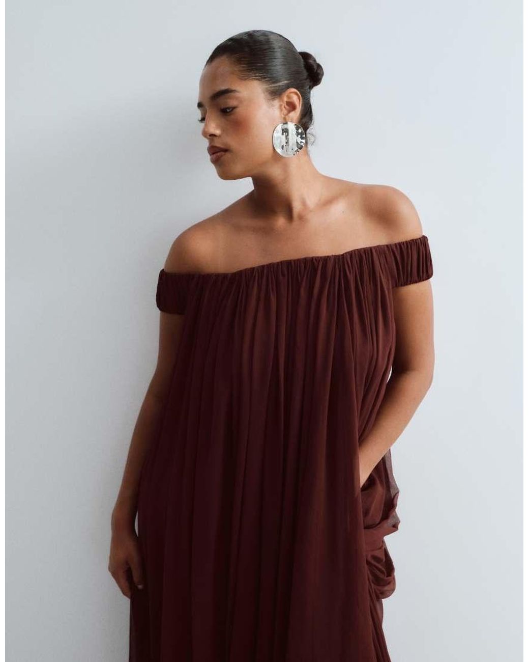ARRANGE Brown Curve Trapeze Bardot Maxi Dress With Cape Back