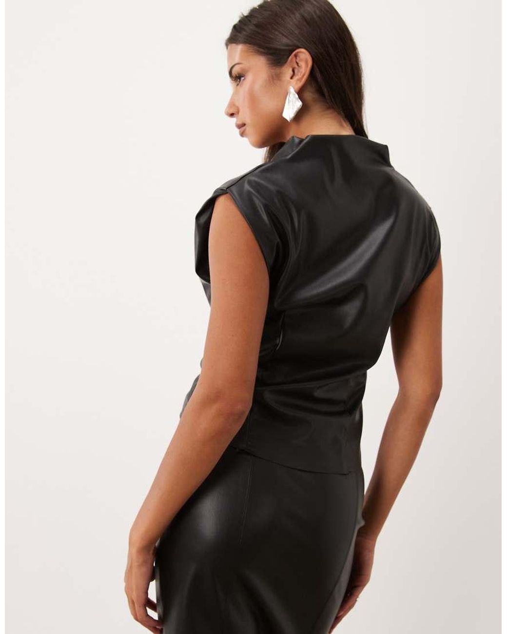 ASOS Black Pu Twist Front Deep Plunge Cap Sleeve Top