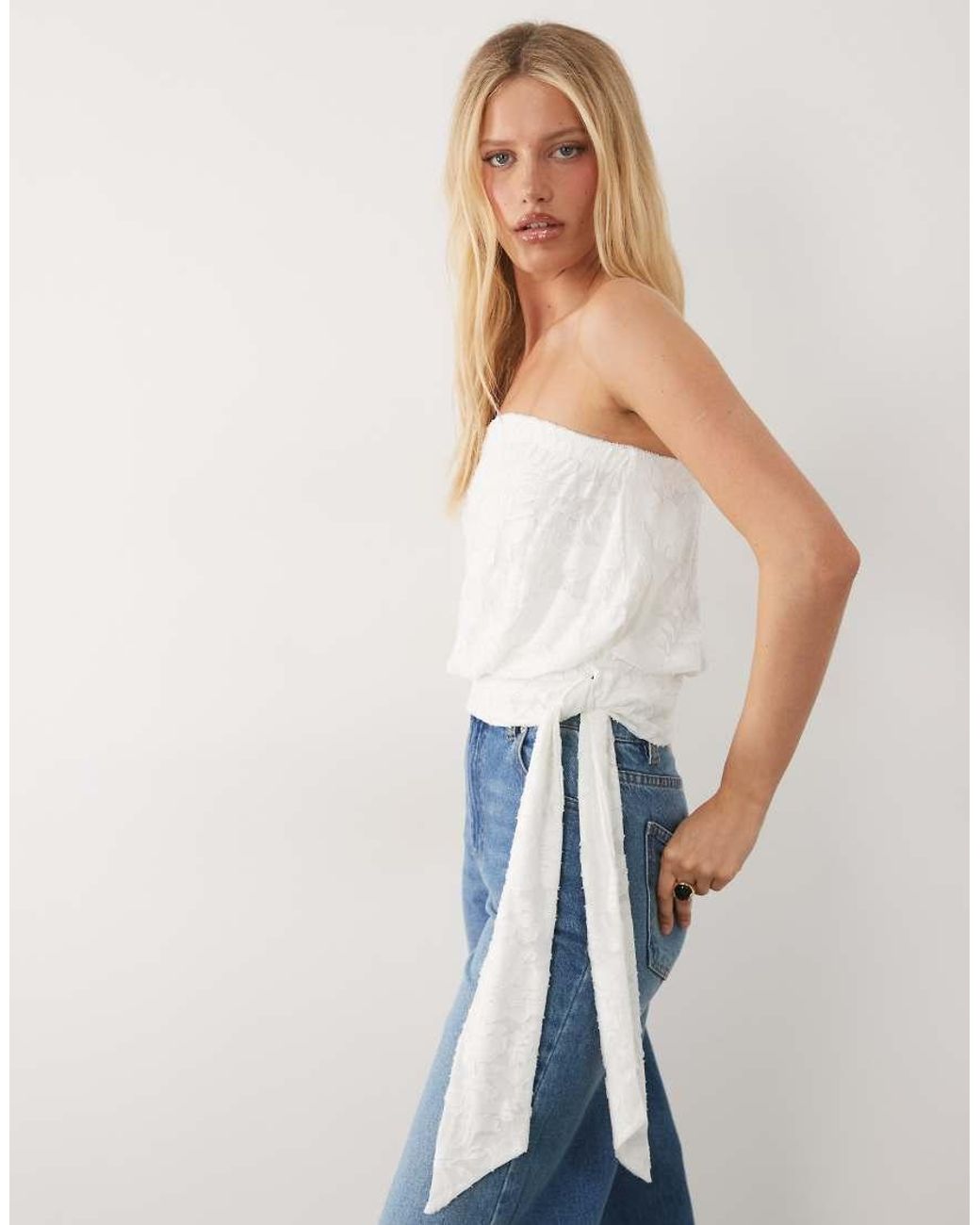 Miss Selfridge White Burnout Bandeau Top With Waist Tie