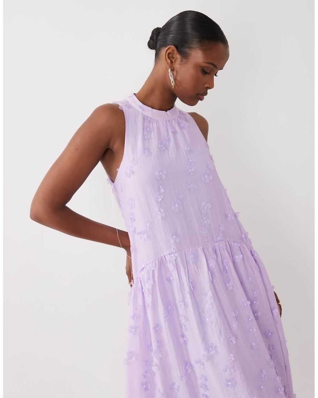 Vero Moda Purple High Neck 3d Floral Applique Full Midi Dress