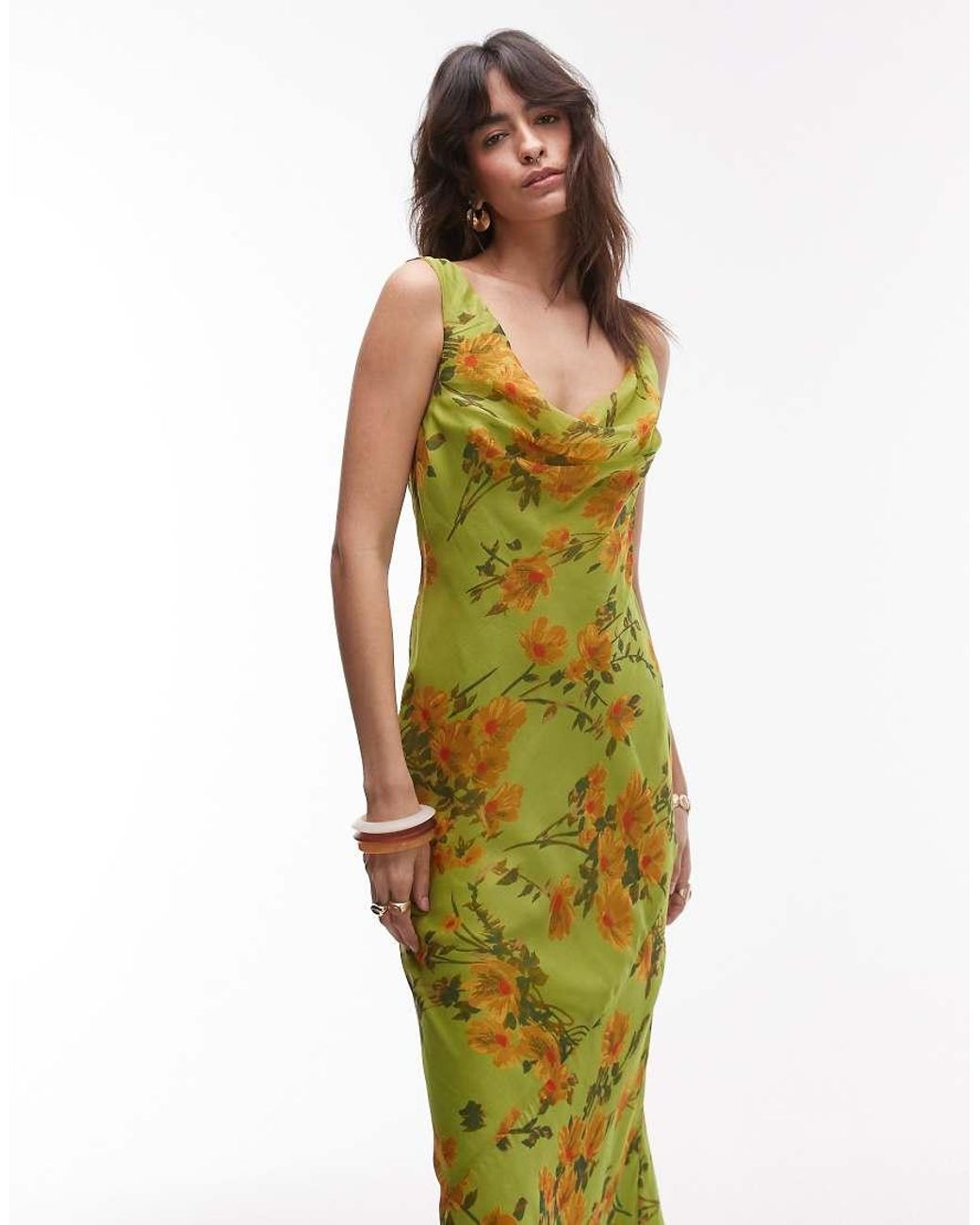 topshop double layered cowl neck maxi dress in buttermilk floral Topshop Built Up Double Layered Cowl Neck Maxi Dress In Yellow