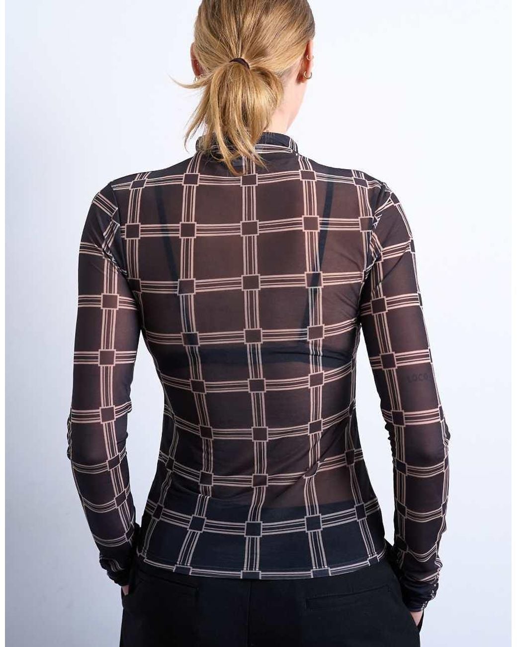 TOPSHOP Blue Mesh High Neck Check Print Long Sleeve Top