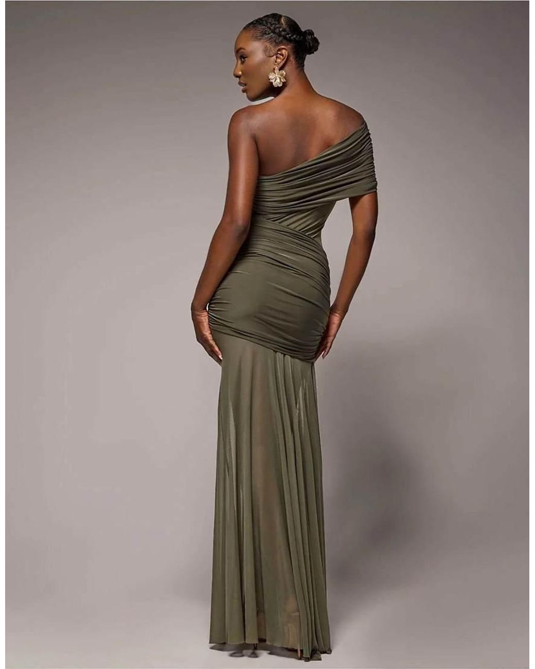 Goddiva Green Gathered One Shoulder Sheer Panel Maxi Dress
