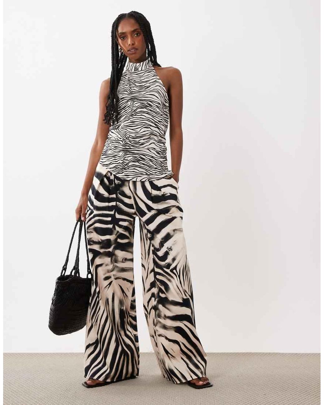 ASOS White Set Printed Asym Halter Neck Longline Top In-multi