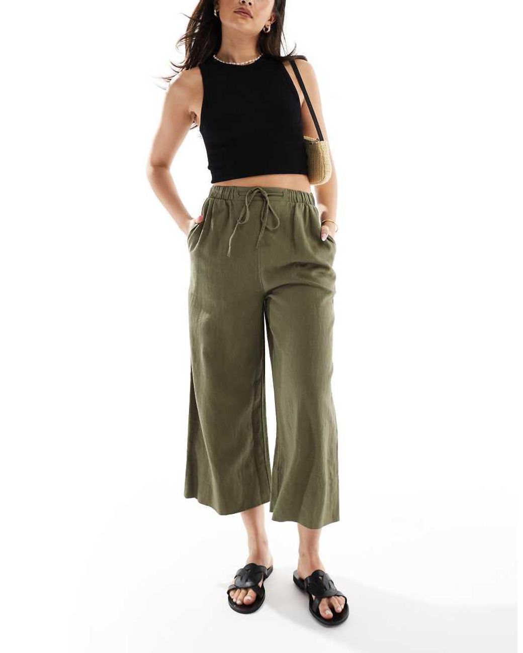 New Look Green Linen Cropped Pants
