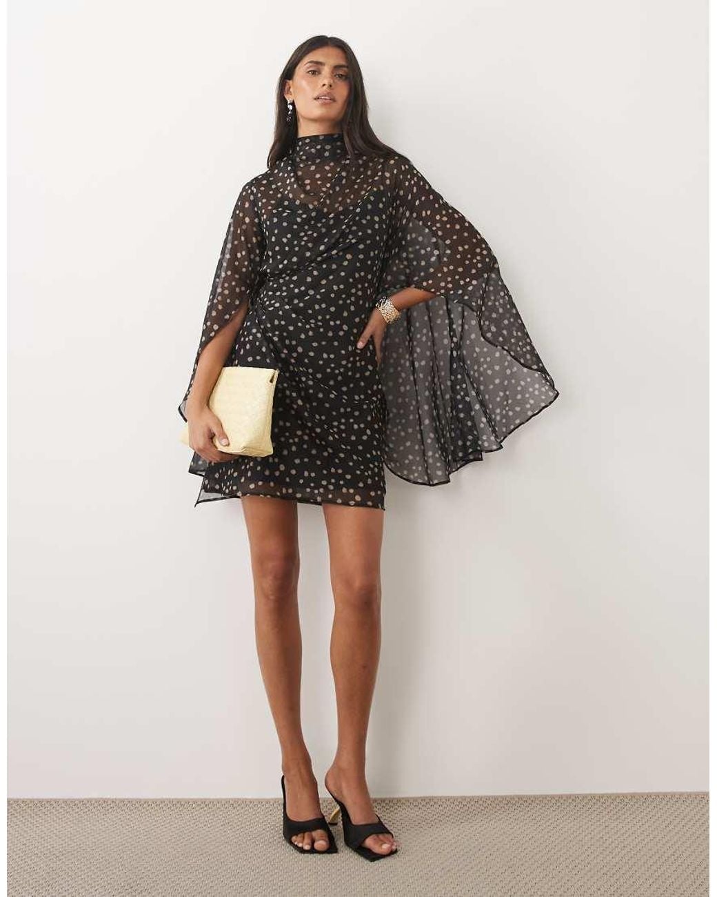 ASOS Brown High Neck Drape Front Extreme Cape Sleeve Mini Dress