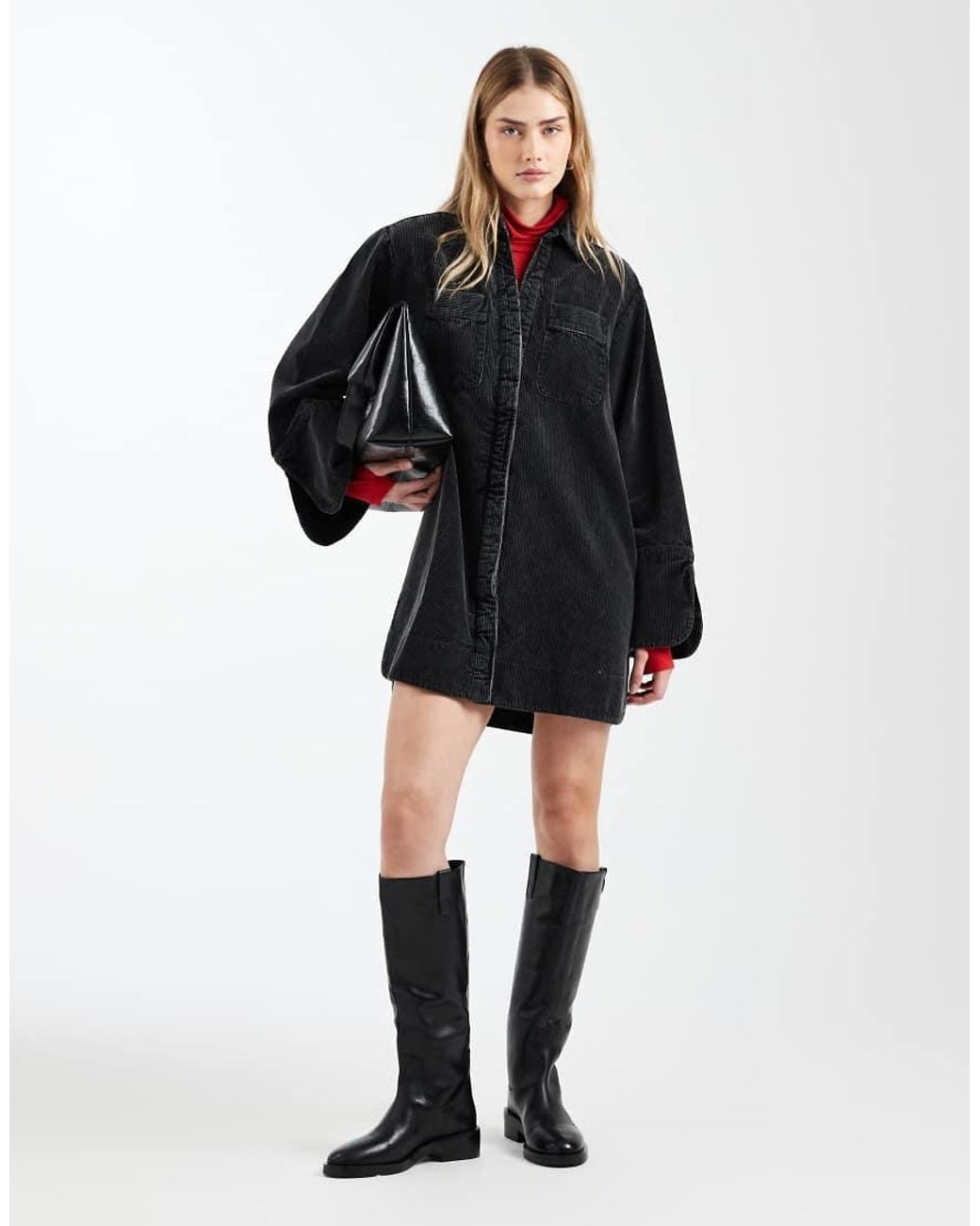 ASOS Blue Cord Mini Shirt Dress With Wide Cuffs And Oversized Pockets