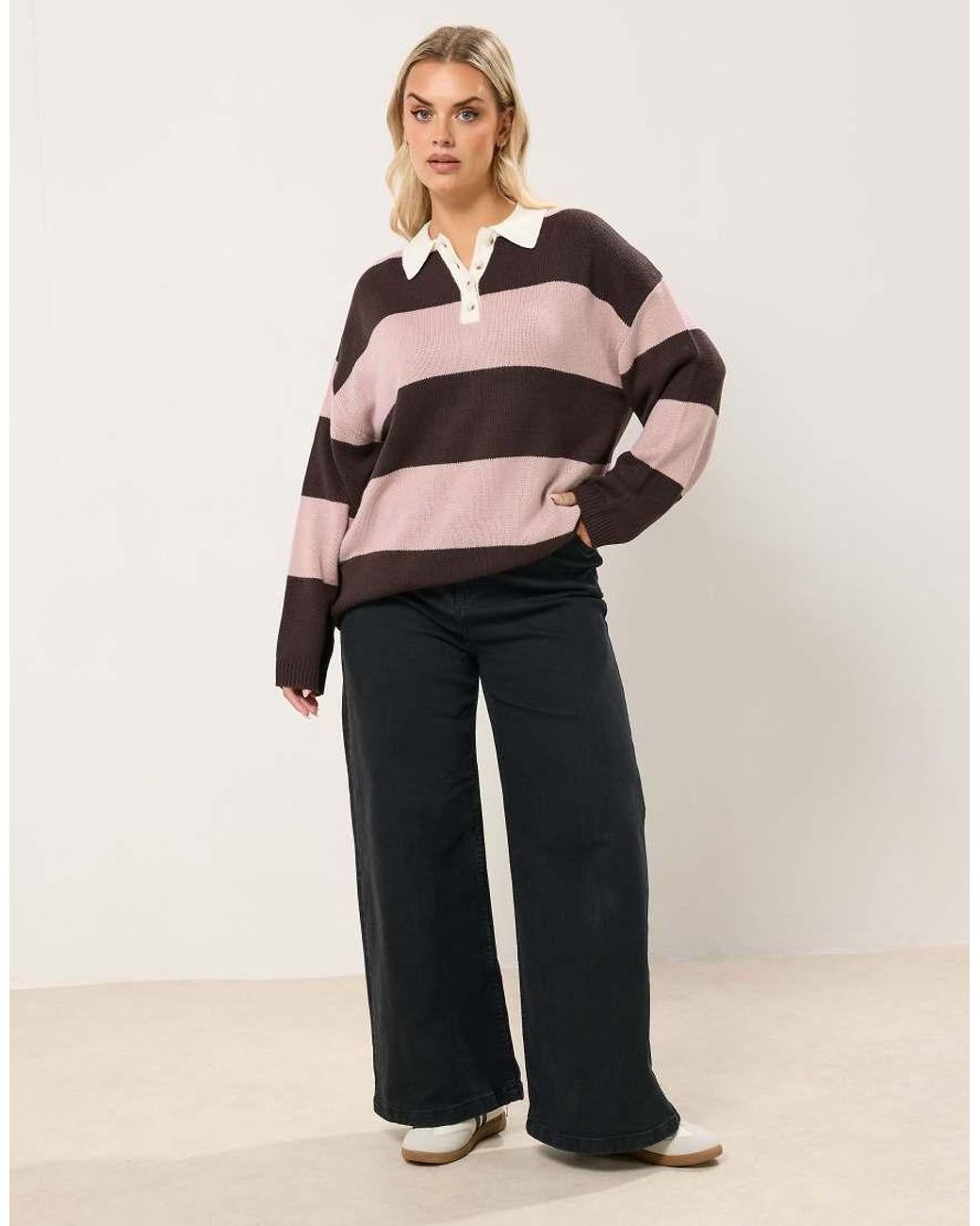 Yours Clothing Natural Striped Rugby Collar Jumper