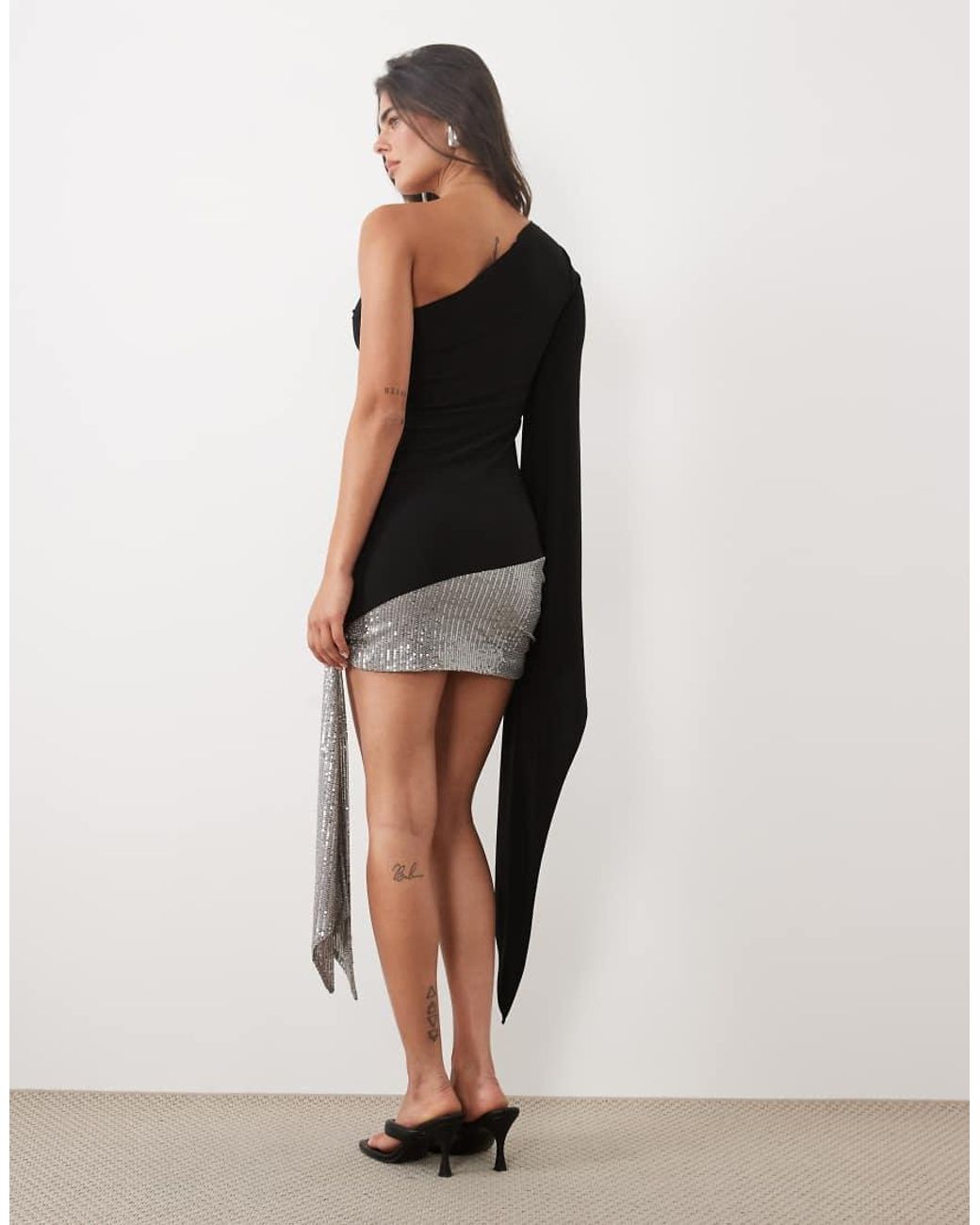 ASOS Black Sculpting Asymmetric Drape Sequin Scarf Mini Dress