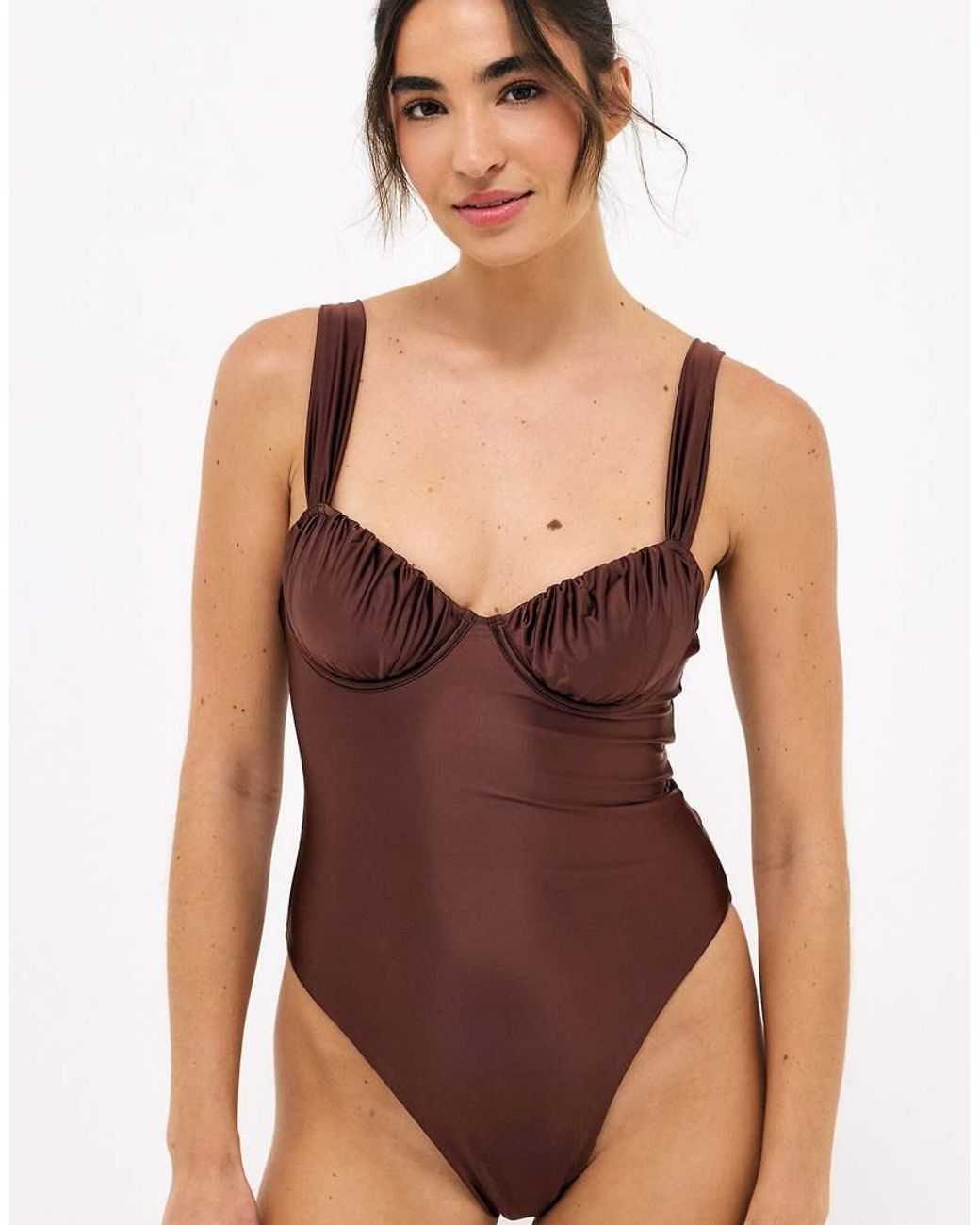 NA-KD Brown Shiny Wide Strap Swimsuit