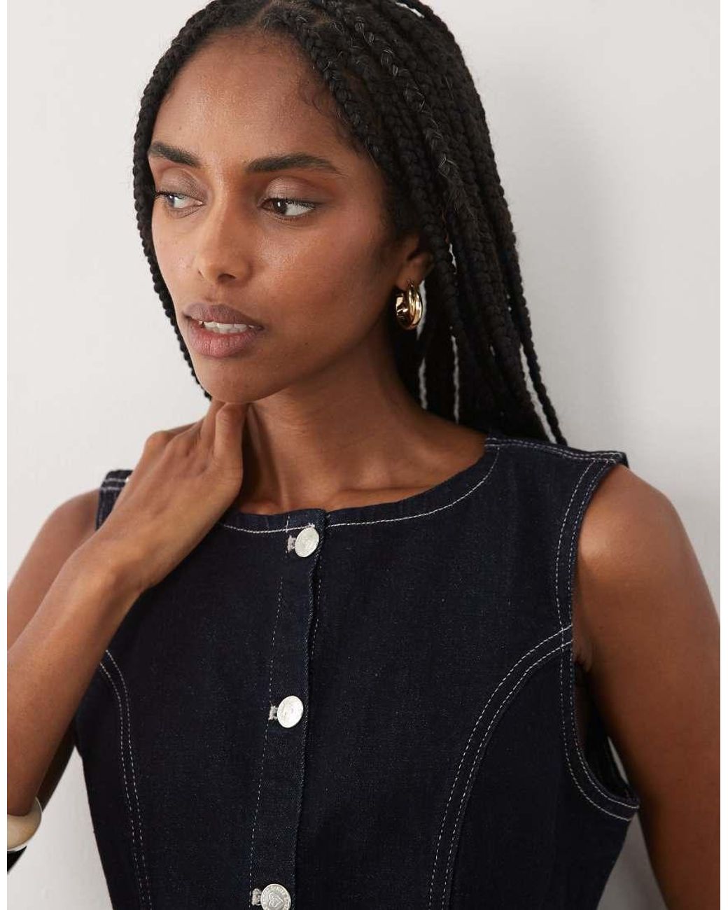 Miss Selfridge Blue Denim Button Through Peplum Top With Contrast Stitch
