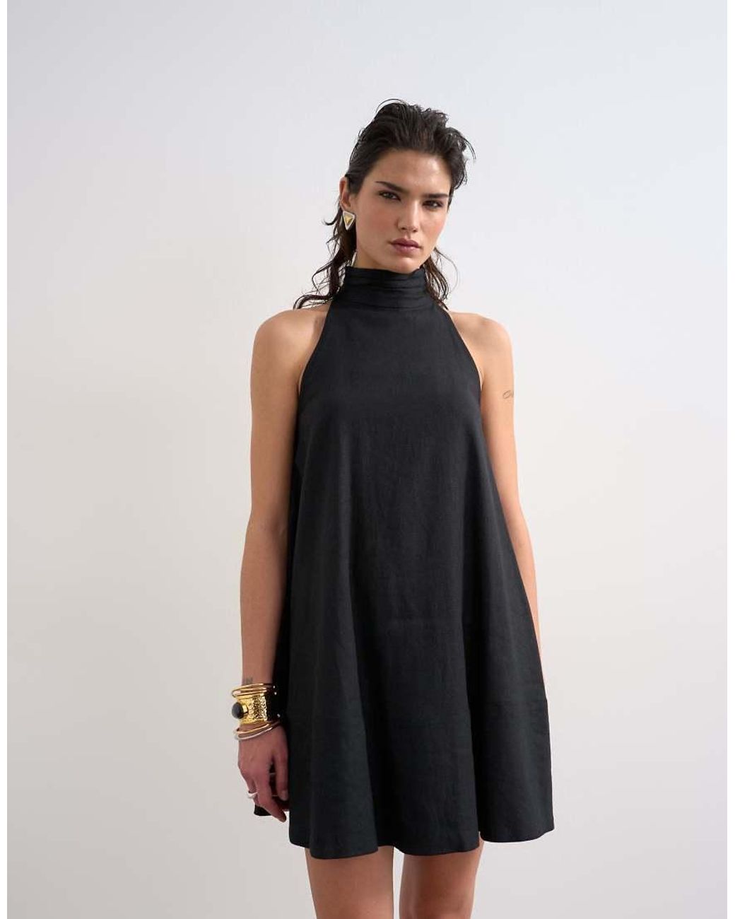 TOPSHOP Black Linen Rich High Neck Trapeze Mini Dress