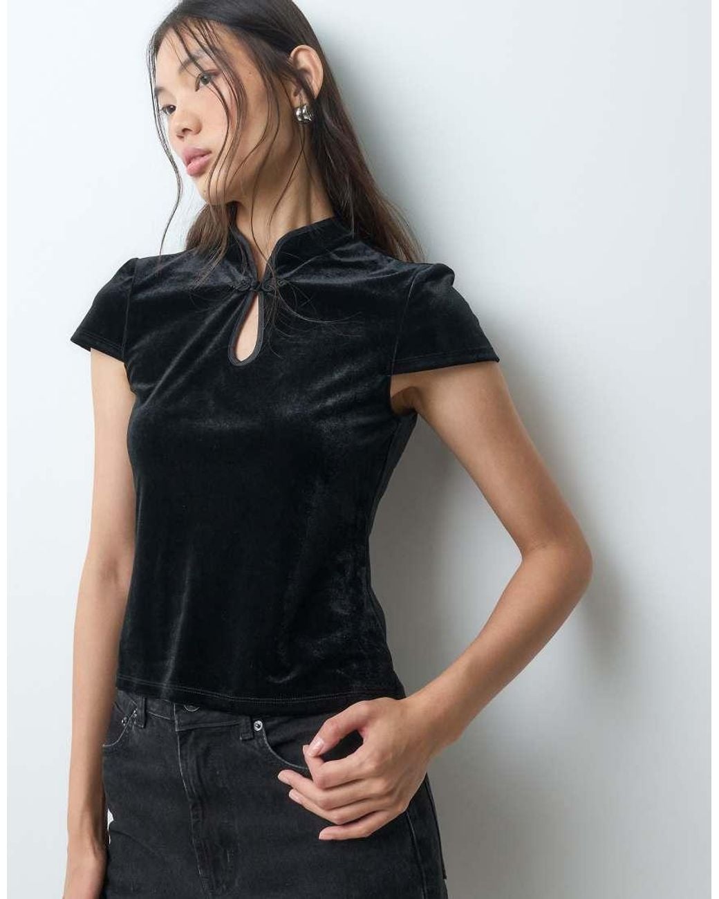 ONLY Black Stand Up Collar Short Sleeve Velvet Top