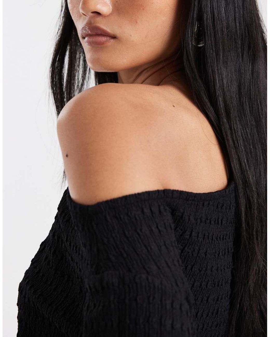 ASOS Black Mix & Match Textured Cinched Waist One Shoulder Long Sleeve Top