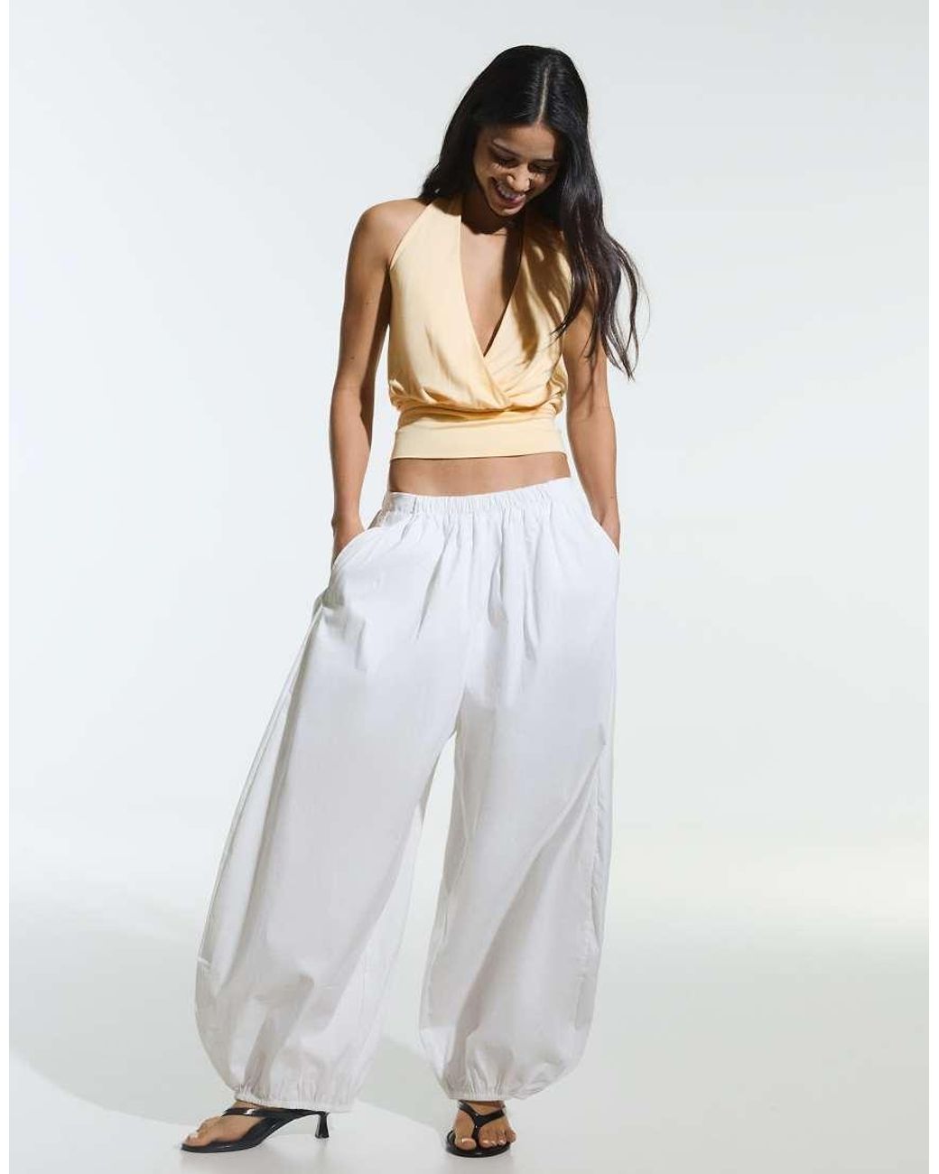 Bershka Natural Crossover Ruched Cummerbund Top