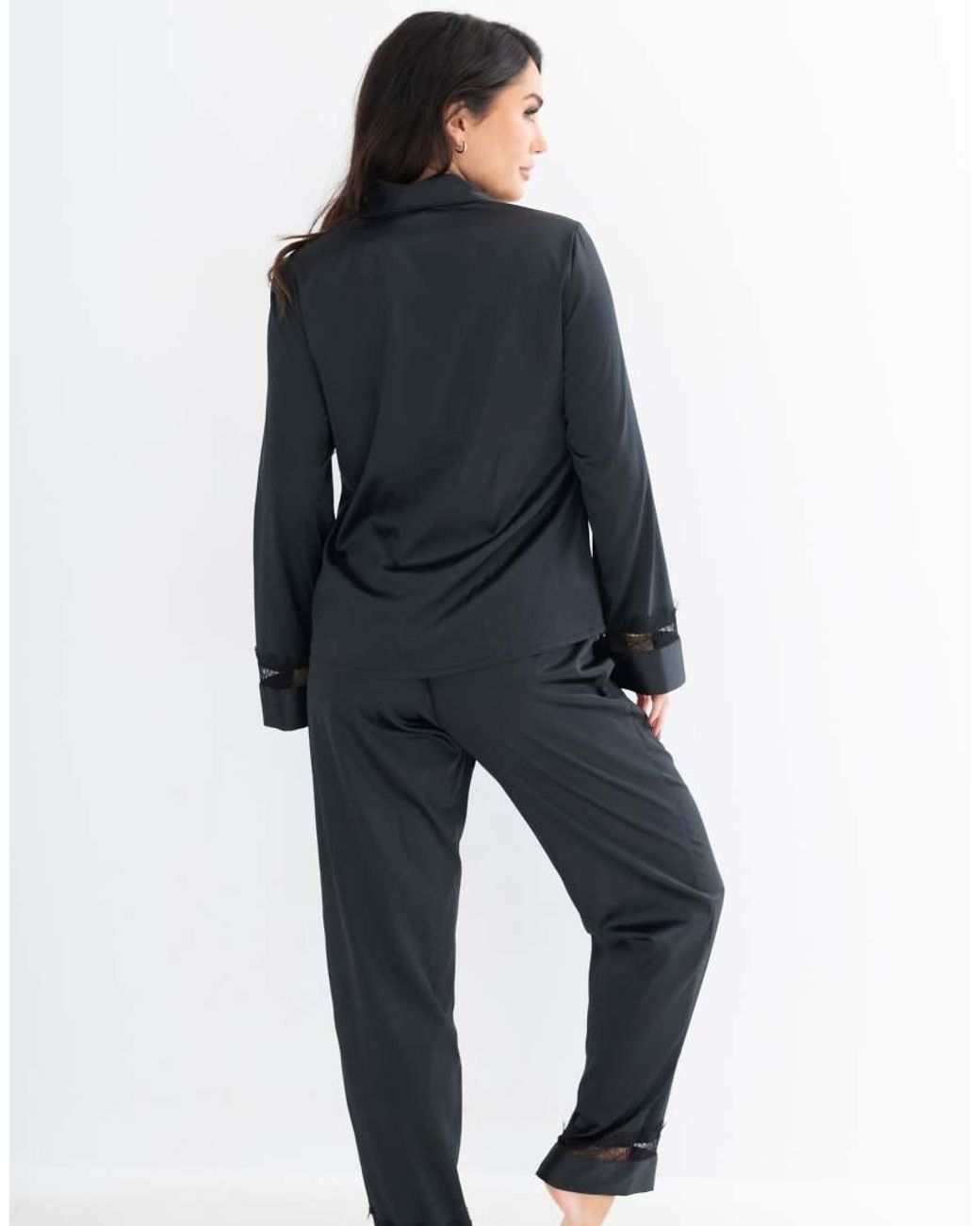 Pour Moi Blue Dusk Satin And Lace Revere Collar Pyjama Set