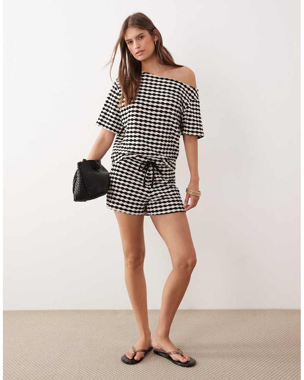 ASOS Brown Crochet Jersey Off Shoulder Top Co-ord