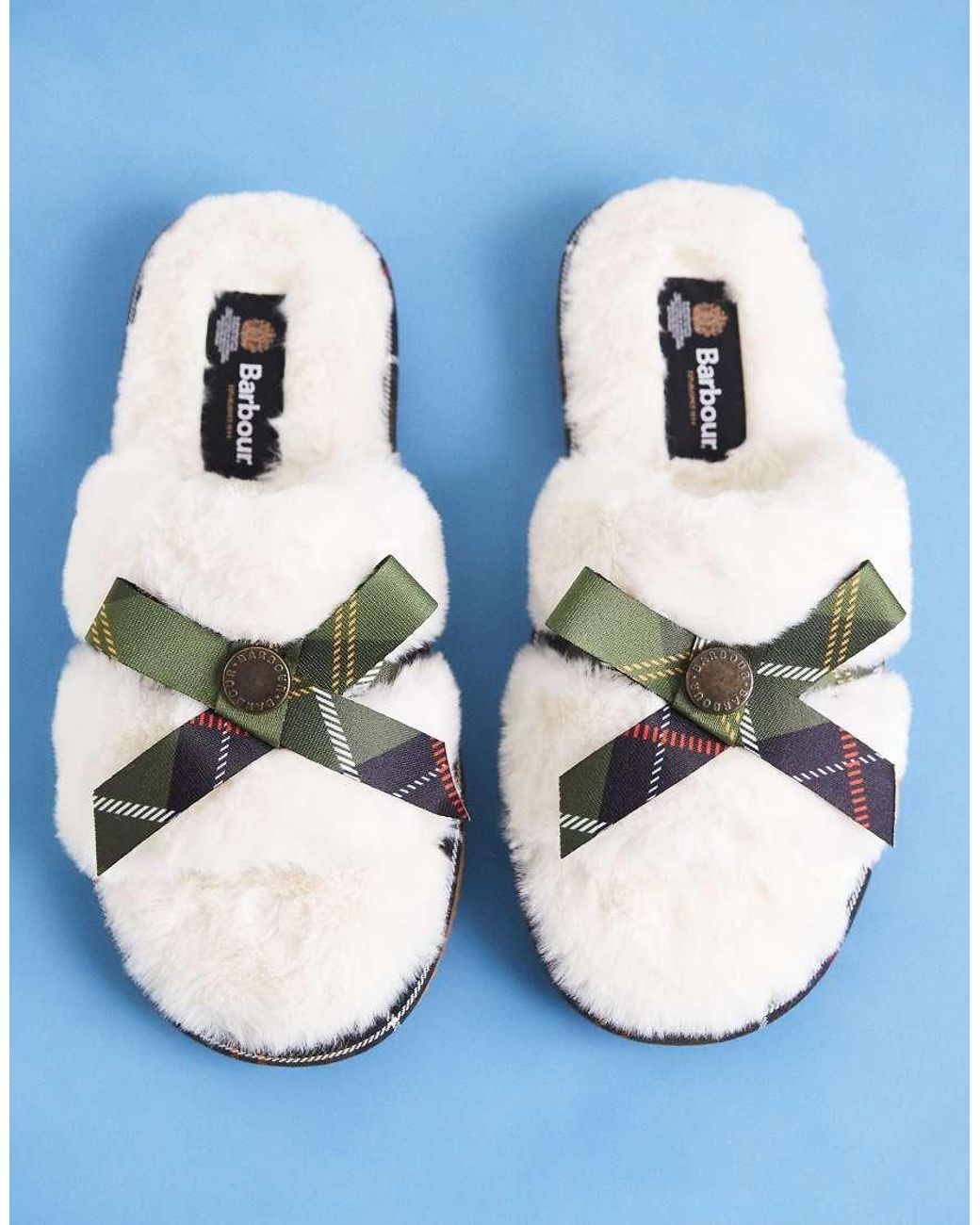 Barbour Blue Eleanora Tartan Bow Fluffy Slippers