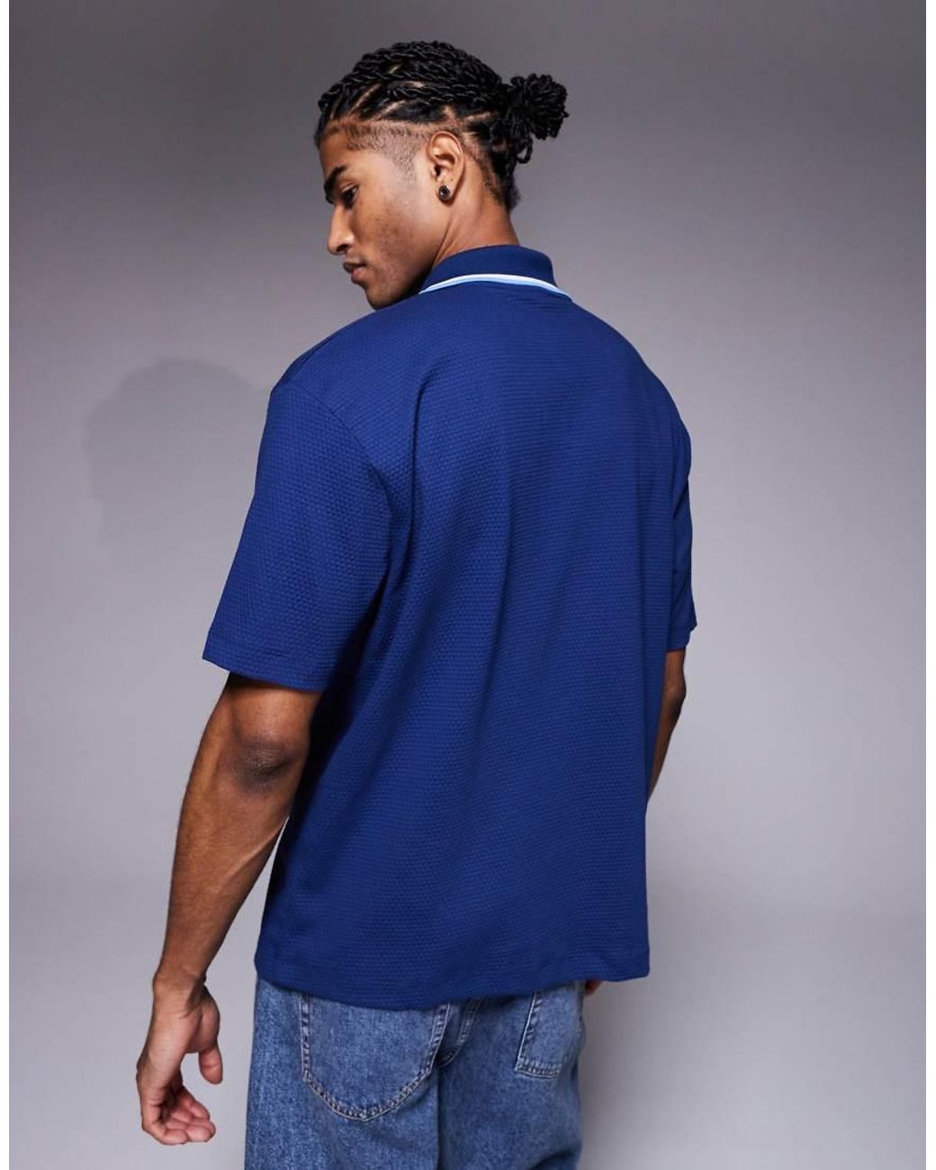 ASOS Blue Relaxed Textured Polo With Contrast Collar for men