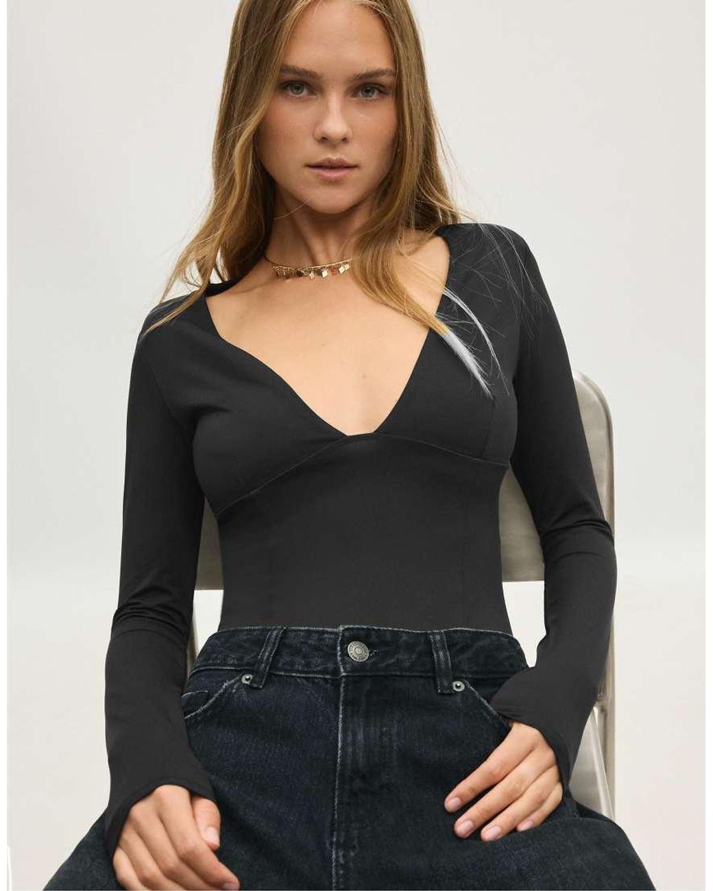 Stradivarius Black V-neck Bodysuit With Under-bust Gathering