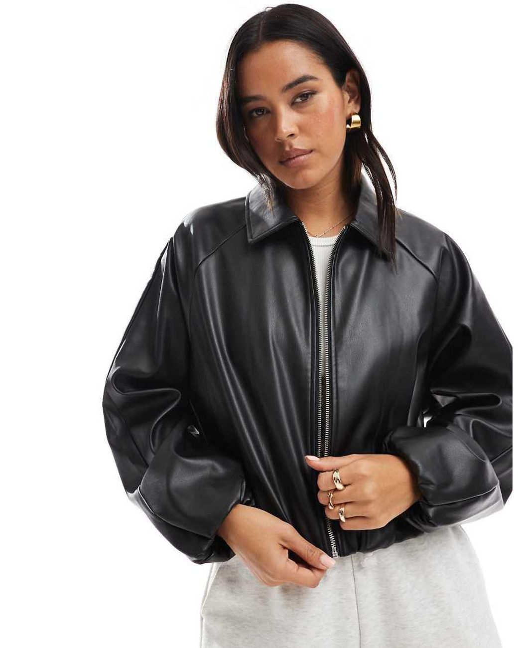 ONLY Black Faux Leather Cropped Bomber