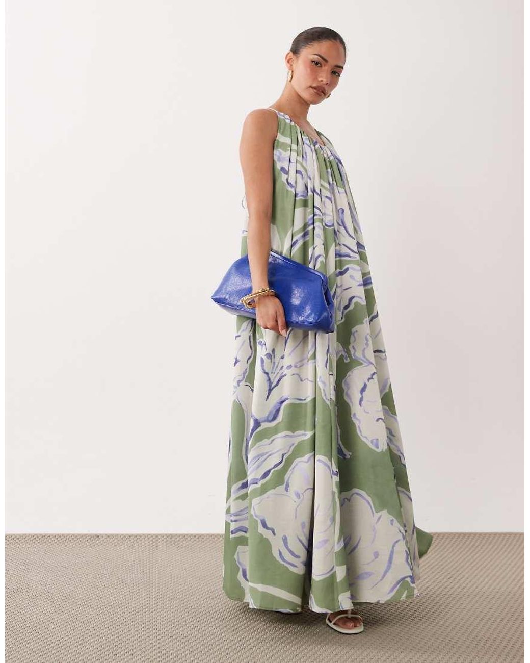 ASOS Blue Asos Design Petite Trapeze Scoop Neck Full Hem Maxi Dress With Bead Detail