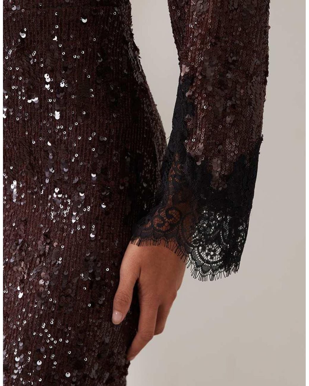 TFNC London Brown Sequin Slash Neck Maxi Dress