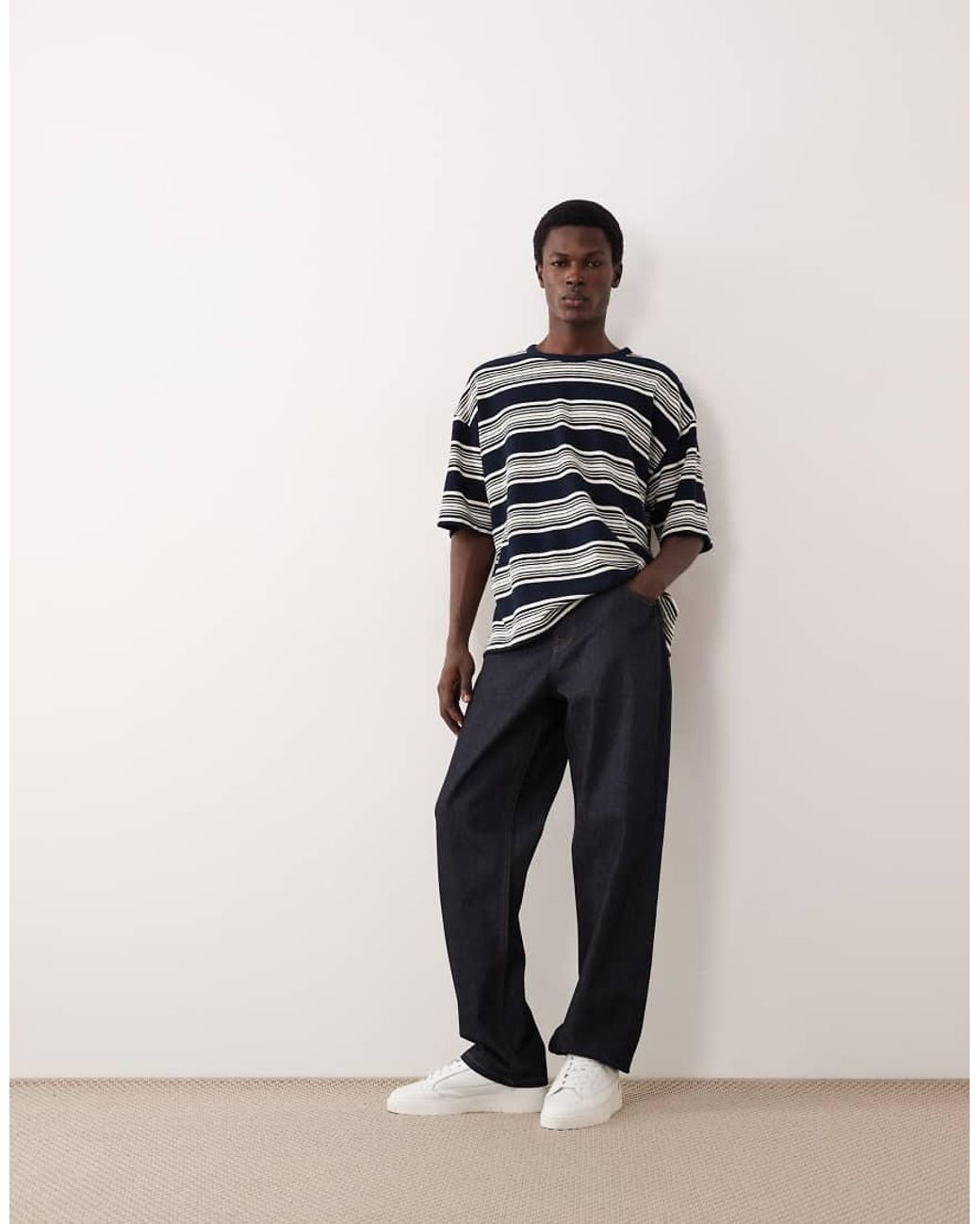 ASOS COLLECTIVE Blue Oversized Heavyweight Textured Striped T-shirt for men