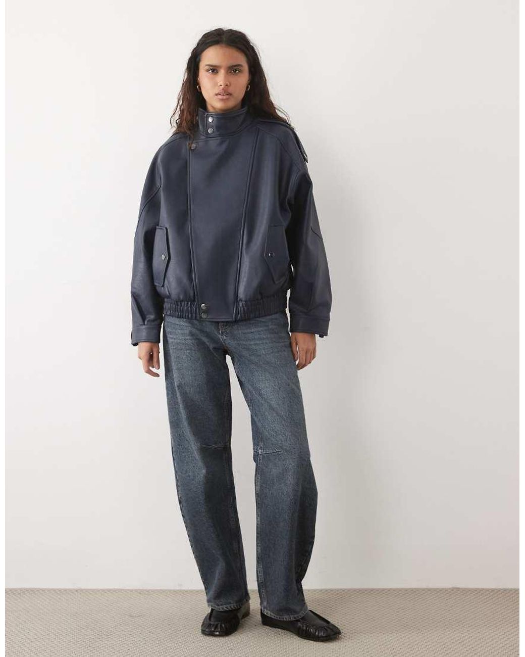 Abercrombie & Fitch Blue Oversized Faux Leather Bomber Jacket