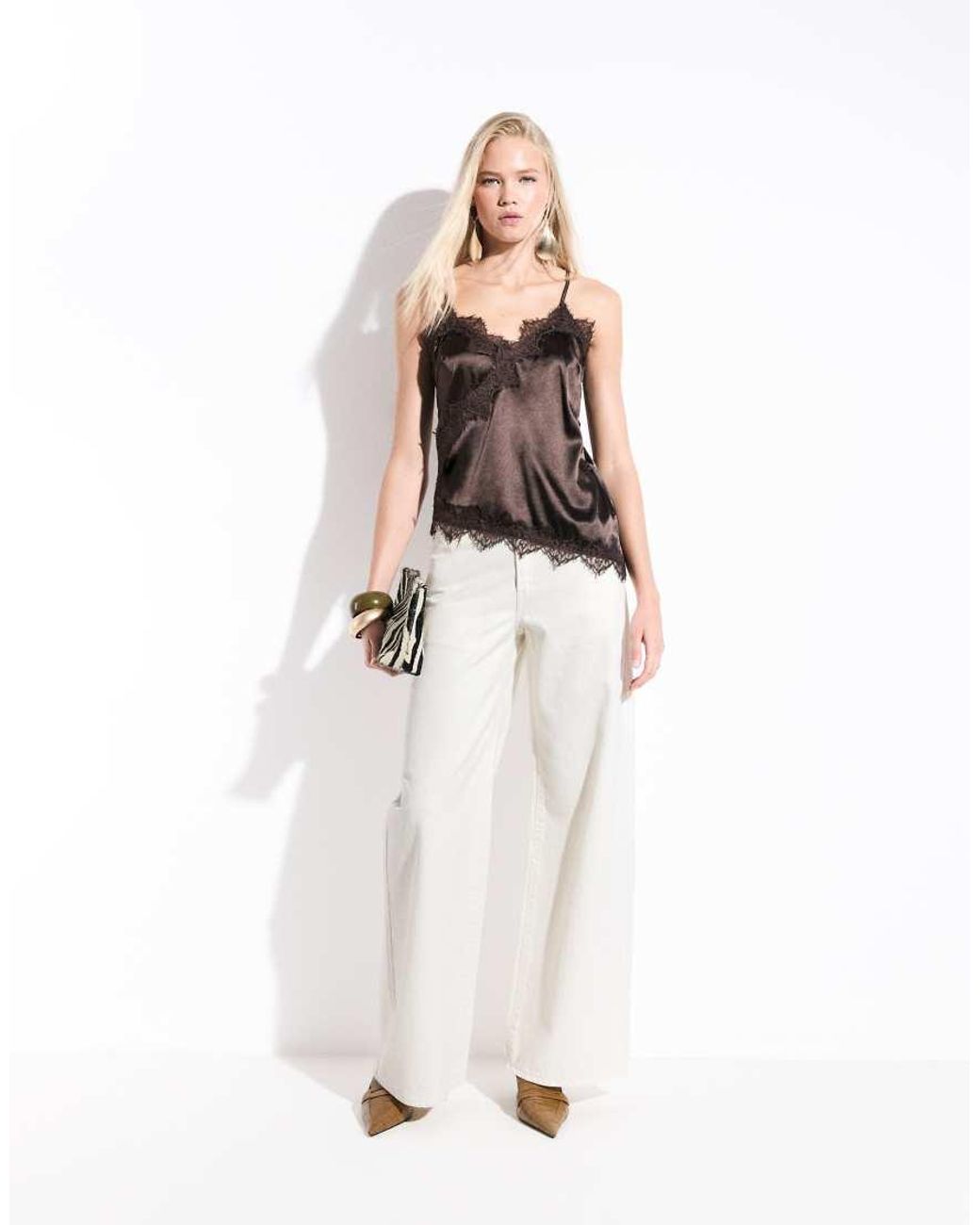 Noisy May Black Asymmetric Satin Top With Lace Hem