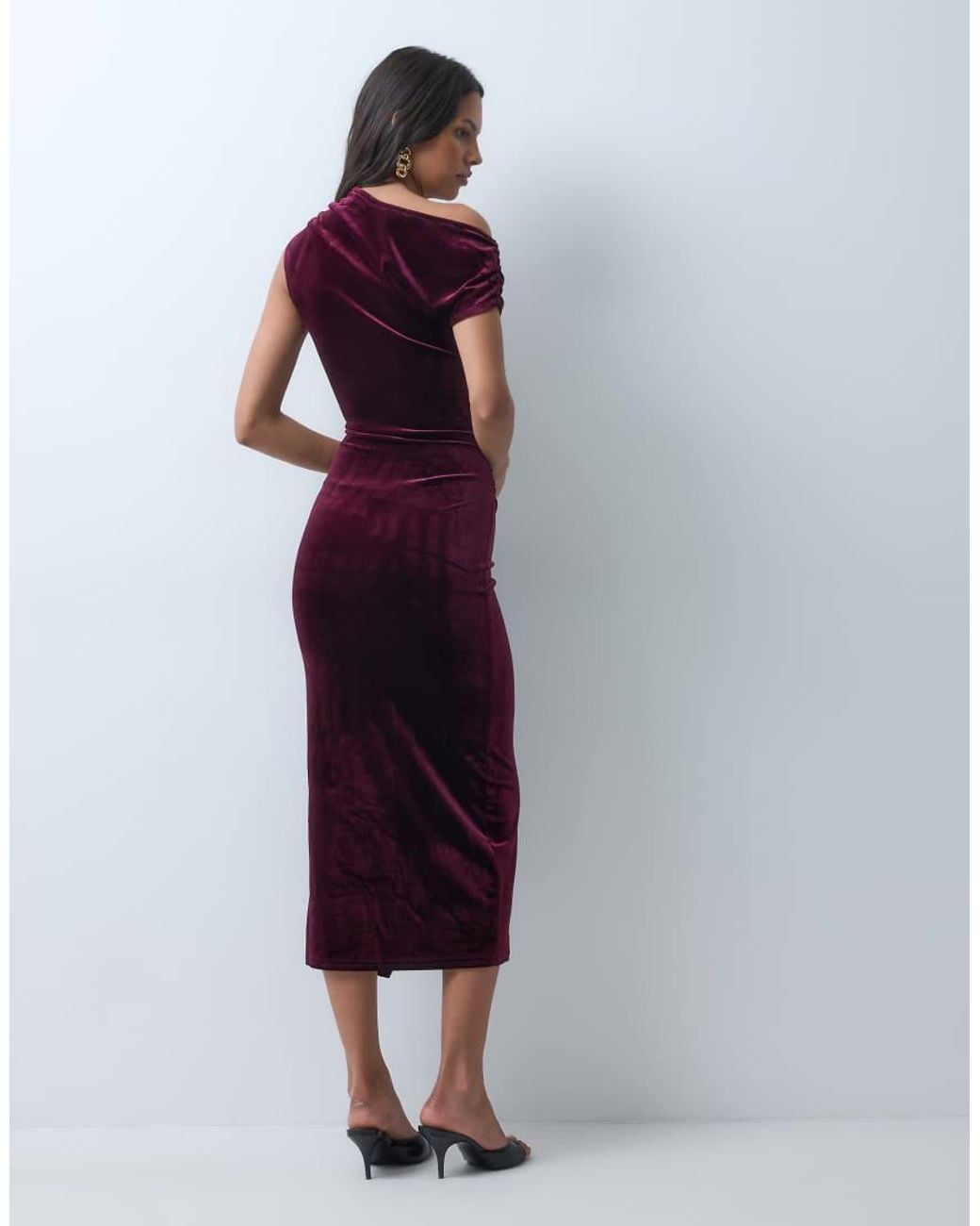 New Look Purple Velvet Fallen Shoulder Knot Detail Midi Dress