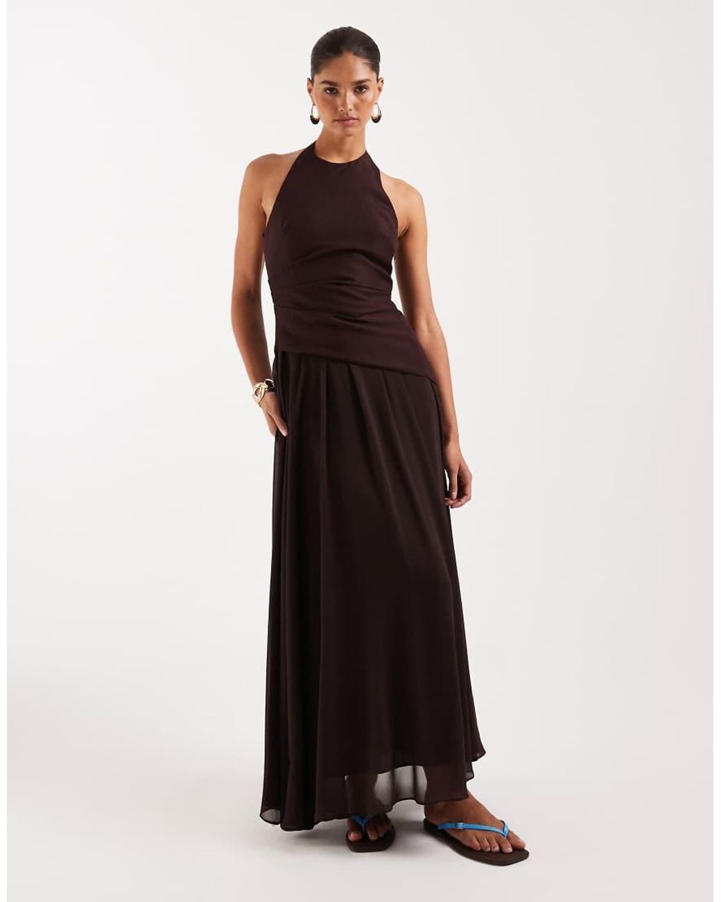 Forever New Brown Linen Blend Sleeveless Chiffon Skirt Maxi Dress