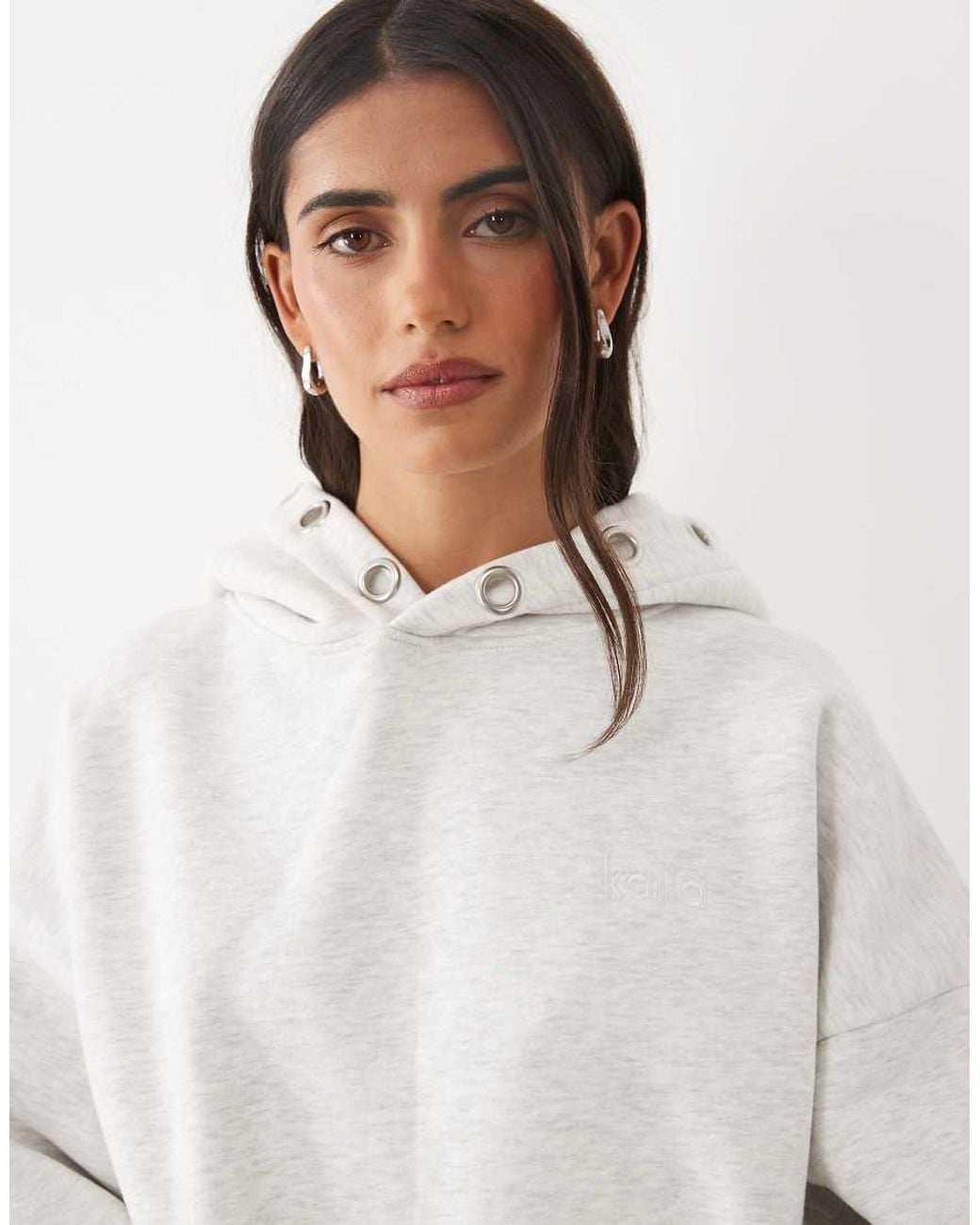 Kaiia White Cotton Rich Eyelet Detail Oversized Logo Hoodie