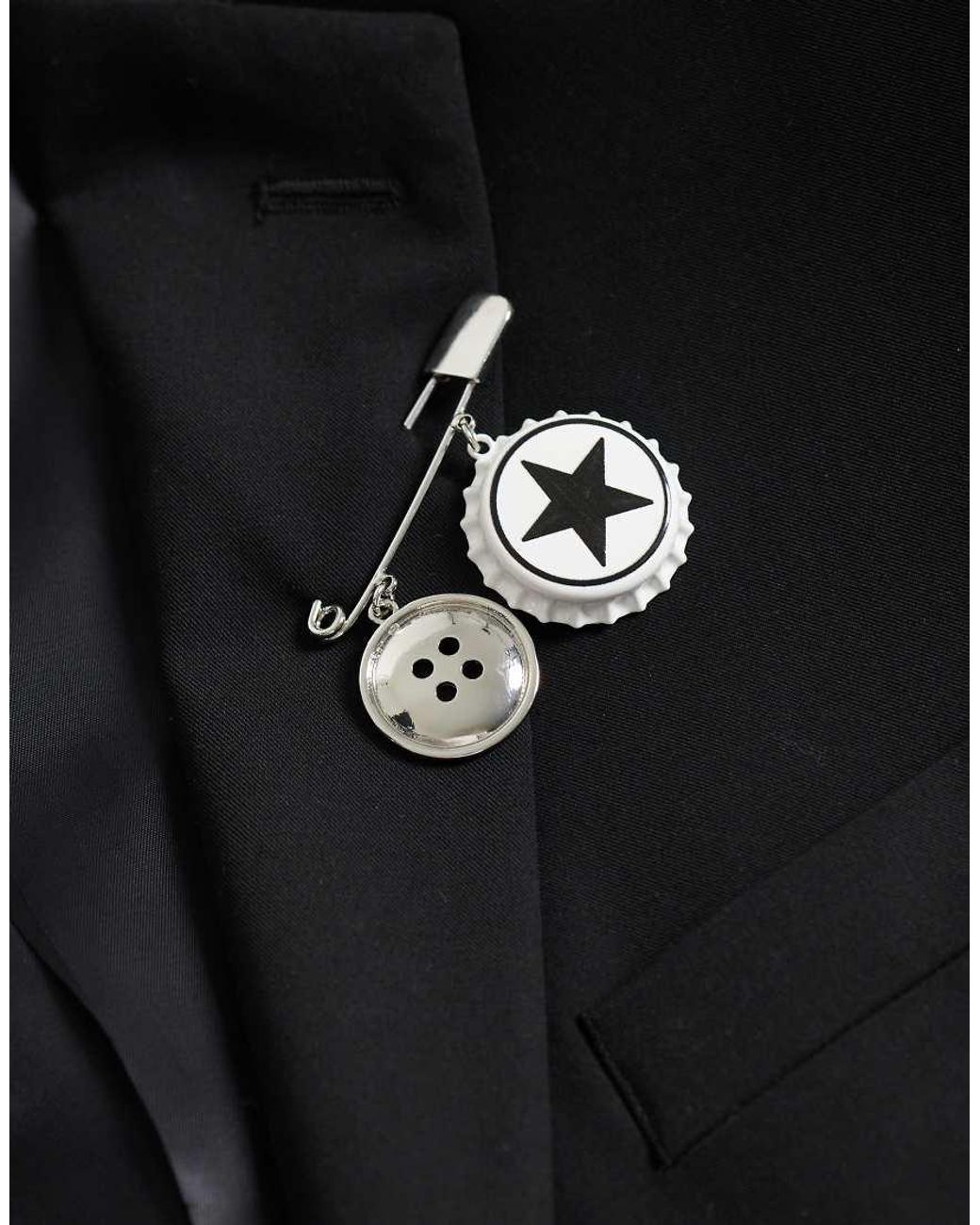 ASOS White Button And Bottle Cap Safety Pin Brooch for men