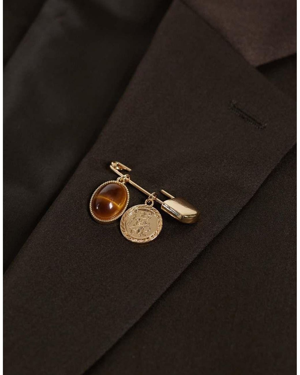 ASOS Natural Faux Tigers Eye Stone And Coin Safety Pin Brooch for men