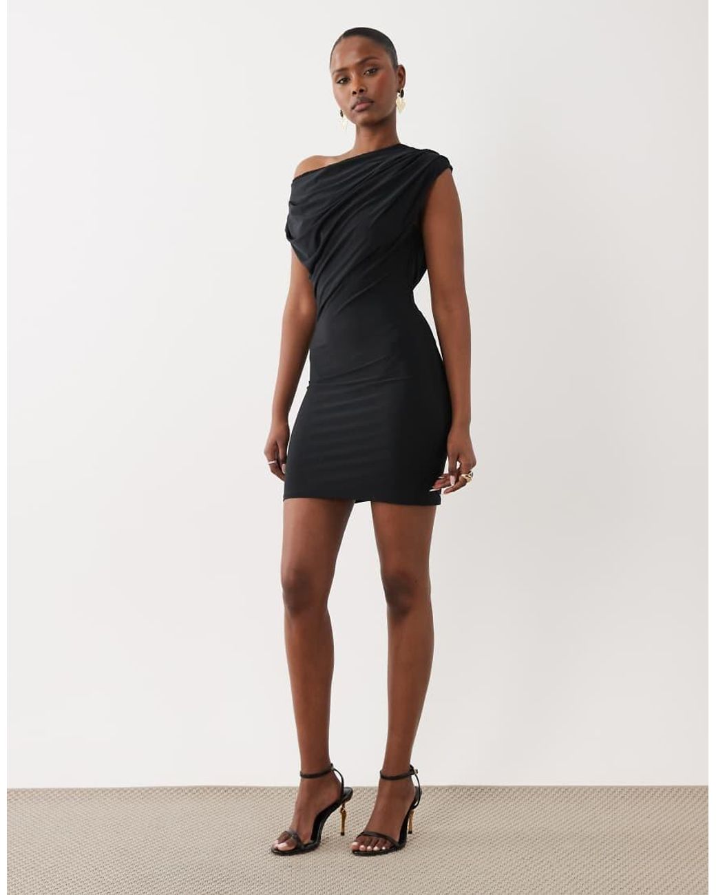 ASOS Black Slinky Lace Trim One Shoulder Mini Dress