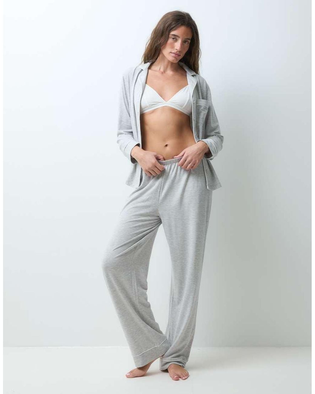 ASOS Gray Viscose Super Soft Long Sleeve Shirt & Trouser Pyjama Set