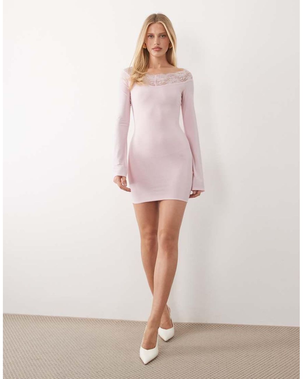 Fashionkilla Pink Exclusive Slinky Lace Trim Bardot Flare Sleeve Mini Dress