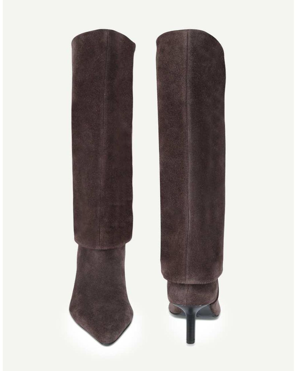 OFF THE HOOK Brown Electra Suede Fold-Over Knee-High Stiletto Boots