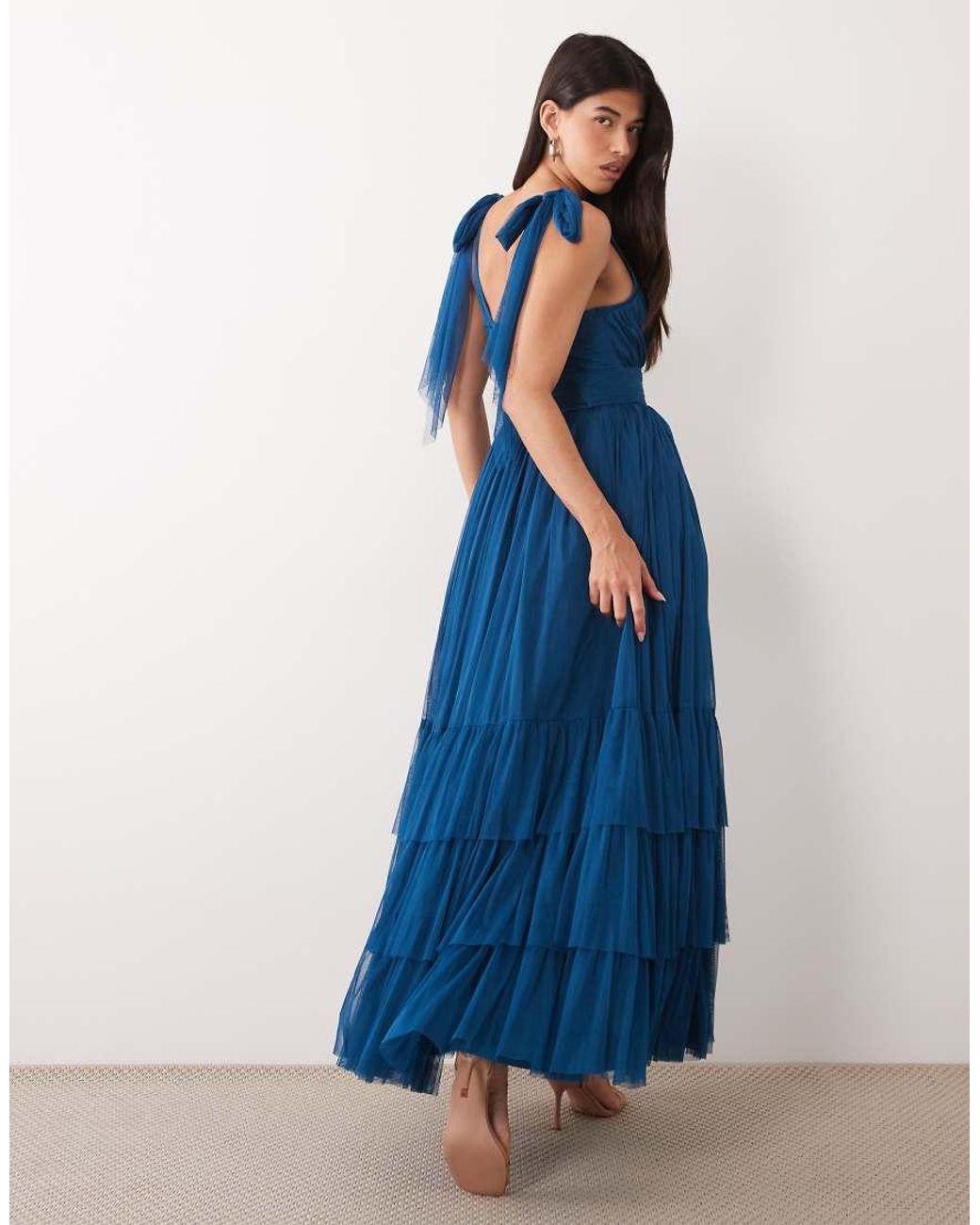 LACE & BEADS Blue L Madison Tulle Bow Shoulder Plunge Neck Maxi Dress
